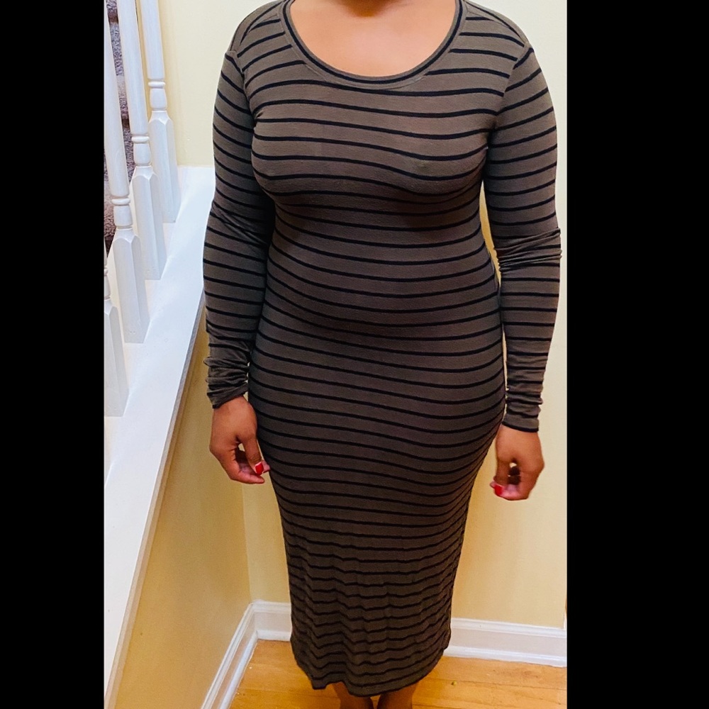 Striped olive green midi dress